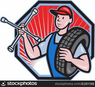 Illustration of a mechanic with tire and socket wrench standing front view set inside hexagon done in cartoon style