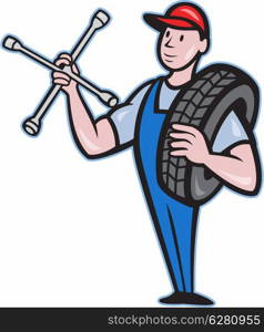 Illustration of a mechanic with tire socket wrench and tire standing front view isolated on white background done in cartoon style