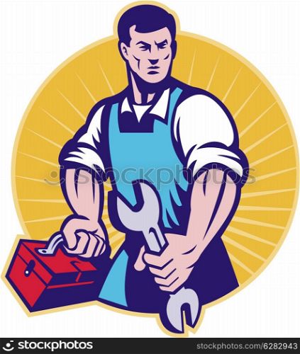 illustration of a mechanic with toolbox and wrench spanner done in retro style set inside a circle with sunburst. mechanic with toolbox and wrench spanner