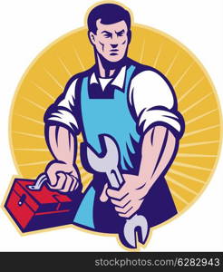 illustration of a mechanic with toolbox and wrench spanner done in retro style set inside a circle with sunburst. mechanic with toolbox and wrench spanner