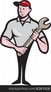 Illustration of a mechanic worker standing looking to the side carrying spanner viewed from front set on isolated white background done in cartoon style. . Mechanic Worker Standing Carrying Spanner Cartoon