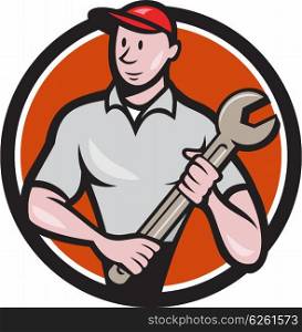Illustration of a mechanic worker standing looking to the side carrying spanner viewed from front set inside circle on isolated done in cartoon style. . Mechanic Worker Standing Spanner Circle Cartoon