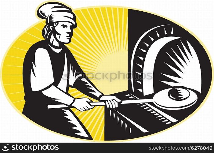 illustration of a medieval baker baking holding a bread pan into wood fire oven set inside ellipse done in retro woodcut style.&#xA;