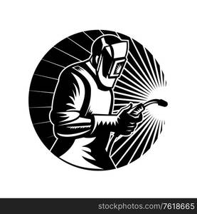 Illustration of a MIG welder worker working using arc welding torch viewed from side holding his visor set inside circle on isolated background done in retro woodcut black and white style.. MIG Welder Arc Welding with Welding Torch Side View Circle Retro Black and White