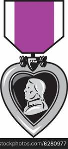 illustration of a military medal of bravery, honor and valor purple heart showing a figure head king facing side