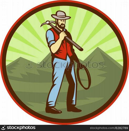 illustration of a Miner carrying pick axe with mountains set inside an oval. Miner carrying pick axe with mountains