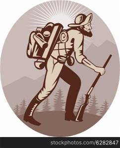 illustration of a Miner prospector hunter trapper hiking with sunburst in background. Miner prospector hunter trapper hiking