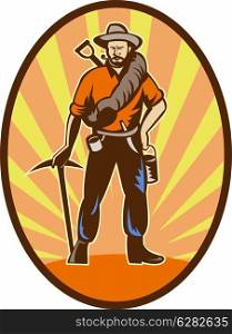 illustration of a Miner, prospector or gold digger with pick axe and shovel standing front