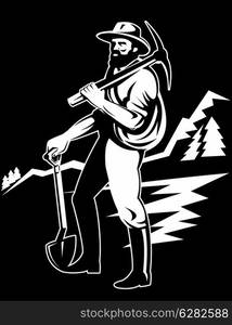 illustration of a miner with with pick axe and shovel standing side with mountains in background done in retro woodcut style. miner with with pick axe and shovel