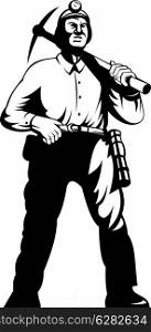 illustration of a miner with with pick axe walking standing front done in retro woodcut style. miner with with pick axe walking