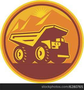 Illustration of a mining dump dumper truck lorry viewed from side set inside circle done in retro style on isolated background.