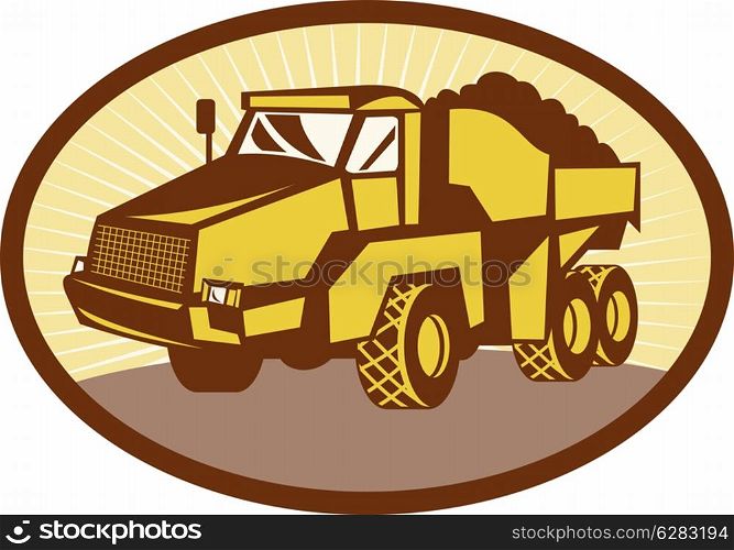 illustration of a mining Tipper dumper dump truck or lorry set inside an ovall done in retro woodcut style.. Mining Tipper dumper dump truck