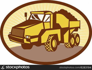 illustration of a mining Tipper dumper dump truck or lorry set inside an ovall done in retro woodcut style.. Mining Tipper dumper dump truck