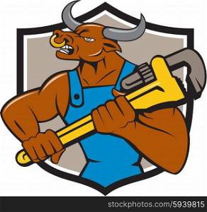 Illustration of a minotaur bull plumber in overalls holding adjustable wrench looking to the side set inside shield crest on isolated background done in cartoon style. . Minotaur Bull Plumber Wrench Crest Cartoon
