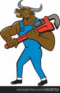 Illustration of a minotaur bull plumber in overalls holding adjustable wrench standing looking to the side set on isolated white background done in cartoon style. . Minotaur Bull Plumber Wrench Isolated Cartoon