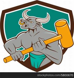 Illustration of a minotaur, mythological creature with the head of a bull and body of a man, holding a sledgehammer set inside shield crest on isolated background done in cartoon style.
