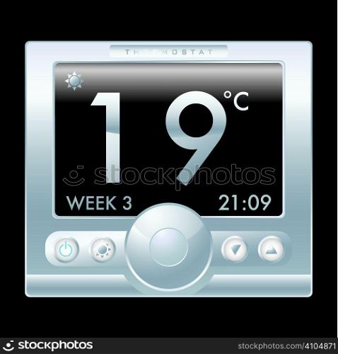 Illustration of a modern silver metal thermostat with black background