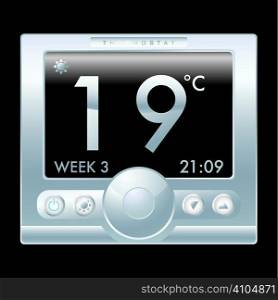 Illustration of a modern silver metal thermostat with black background