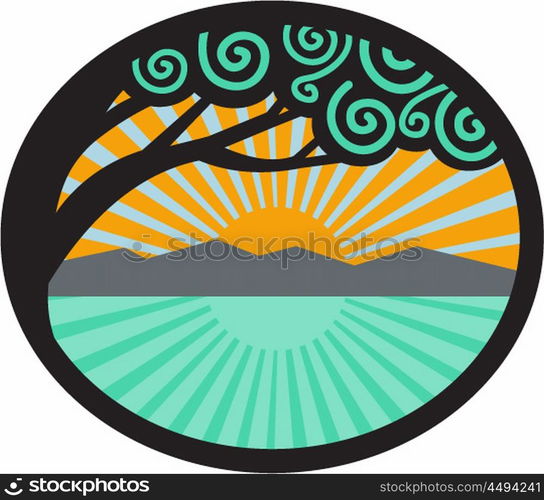 Illustration of a monkeypod tree with mountain, sea and sunrise in the background set inside oval shape done in retro style.