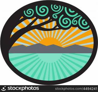 Illustration of a monkeypod tree with mountain, sea and sunrise in the background set inside oval shape done in retro style.