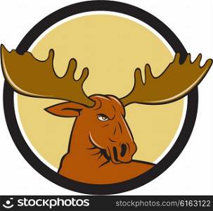 Illustration of a moose head looking to the side set inside circle on isolated background done in cartoon style. . Moose Head Circle Cartoon
