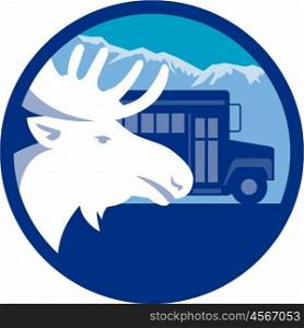 Illustration of a moose head viewed from the side set inside circle with school bus and mountains alps in the background done in retro style. . Moose Head School Bus Circle Retro