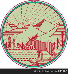 Illustration of a moose viewed from the side with river mountain and sun burst in the background set inside circle done in retro style. . Moose River Mountains Sun Circle Retro