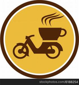 Illustration of a motorcycle motorbike scooter with cup coffee delivery viewed from the side set inside circle done in retro style. . Coffee Delivery Motorcycle Circle Retro