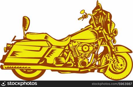 Illustration of a motorcycle motorbike viewed from the side set on isolated white background done in retro woodcut style. . Motorcycle Motorbike Woodcut