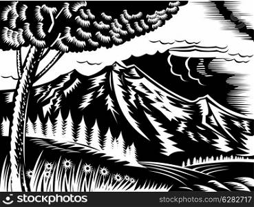 illustration of a mountain scene with tree and clouds done in retro woodcut style.. mountain scene with tree and clouds