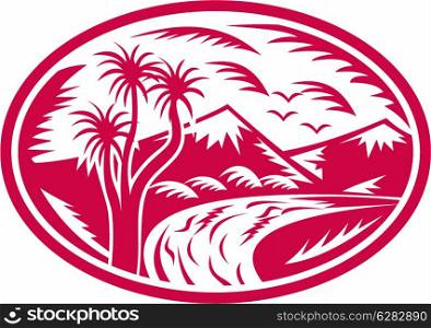 illustration of a Mountain with river flowing and cabbage tree landscape done in retro woodcut style set inside oval. Mountain with river and cabbage tree