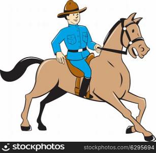 Illustration of a mounted policeman police officer riding a horse on isolated background done in cartoon style.. Mounted Police Officer Riding Horse Cartoon