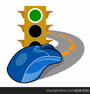 Illustration of a mouse on the road with traffic light done in retro style. . Computer Mouse with Traffic Light
