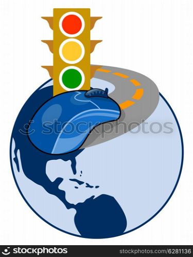 Illustration of a mouse on the road with traffic on top of a globe light done in retro style. . Computer Mouse On Globe