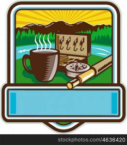 Illustration of a mug, fly tackle bait box, fly rod and reel set inside crest shield with mountain river trees and sunburst in the background done in retro woodcut style.