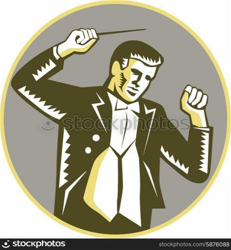 Illustration of a music conductor holding waving baton viewed from front set inside circle on isolated background done in retro woodcut style. . Conductor Waving Baton Circle Woodcut