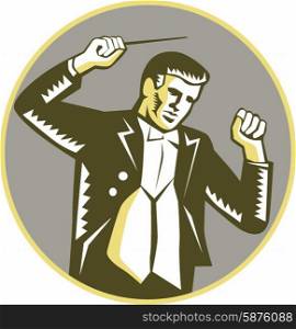 Illustration of a music conductor holding waving baton viewed from front set inside circle on isolated background done in retro woodcut style. . Conductor Waving Baton Circle Woodcut