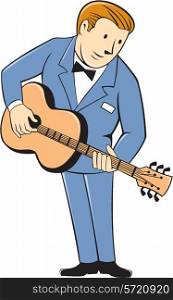 Illustration of a musician guitarist standing playing guitar set on isolated white background done in cartoon style.