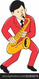 Illustration of a musician playing saxophone viewed from front on isolated white background done in cartoon style.
