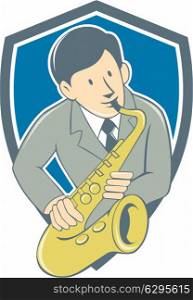 Illustration of a musician playing saxophone viewed from front set inside shield crest on isolated background done in cartoon style.