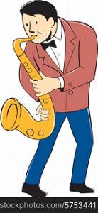 Illustration of a musician standing playing saxophone viewed from front on isolated white background done in cartoon style.