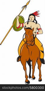 Illustration of a native american indian brave with shield and spear riding a pony on isolated background done in cartoon style. Native American Indian Brave Riding Pony Cartoon