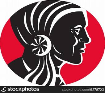 illustration of a native American Indian chief facing side view set inside circle done in retro style. native American Indian chief