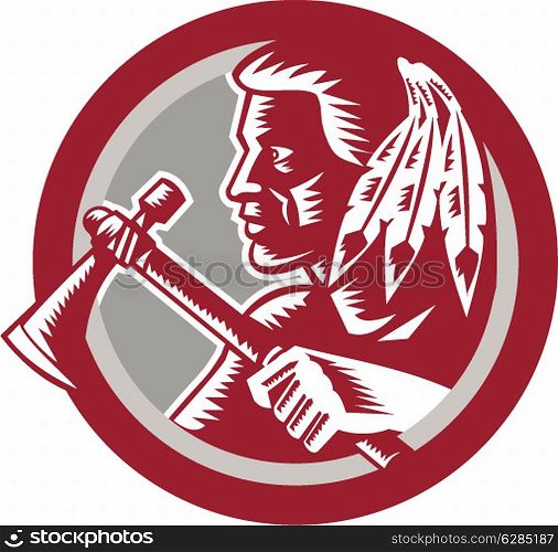 Illustration of a native american indian chief warrior holding a tomahawk viewed from side set inside circle done in retro woodcut style on isolated white background.. Native American Tomahawk Warrior Circle