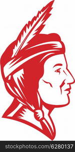 Illustration of a native american indian squaw woman viewed from side done in retro woodcut style set inside circle