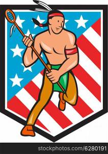 Illustration of a native american lacrosse player holding a crosse or lacrosse stick viewed from front set inside stars and stripes shield done in cartoon style.. Native American Lacrosse Player Stars Stripes Shield