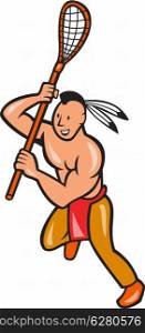 Illustration of a native american lacrosse player holding a crosse or lacrosse stick viewed from front done in cartoon style.. Native American Lacrosse Player Crosse Stick