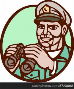 Illustration of a navy admiral officer holding binoculars set inside circle on isolated background done in woodcut linocut style. . Navy Admiral Binoculars Circle Linocut