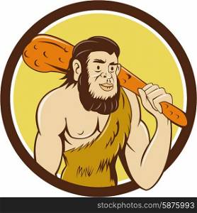 Illustration of a neanderthal man or caveman holding a club facing front set inside circle on isolated white background done in cartoon style.. Neanderthal Man Holding Club Circle Cartoon
