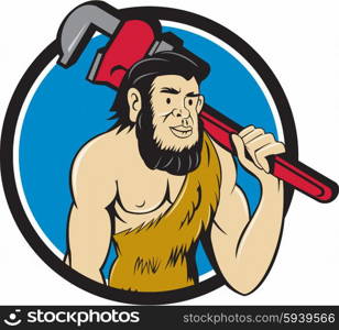 Illustration of a neanderthal man or caveman plumber holding monkey wrench on shoulder set inside circle on isolated background done in cartoon style.. Neanderthal CaveMan Plumber Monkey Wrench Circle Cartoon